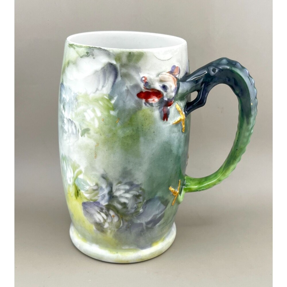 Antique Jean Pouyat JPL Limoges Dragon Handle Beer Hops Tankard Mug France Green